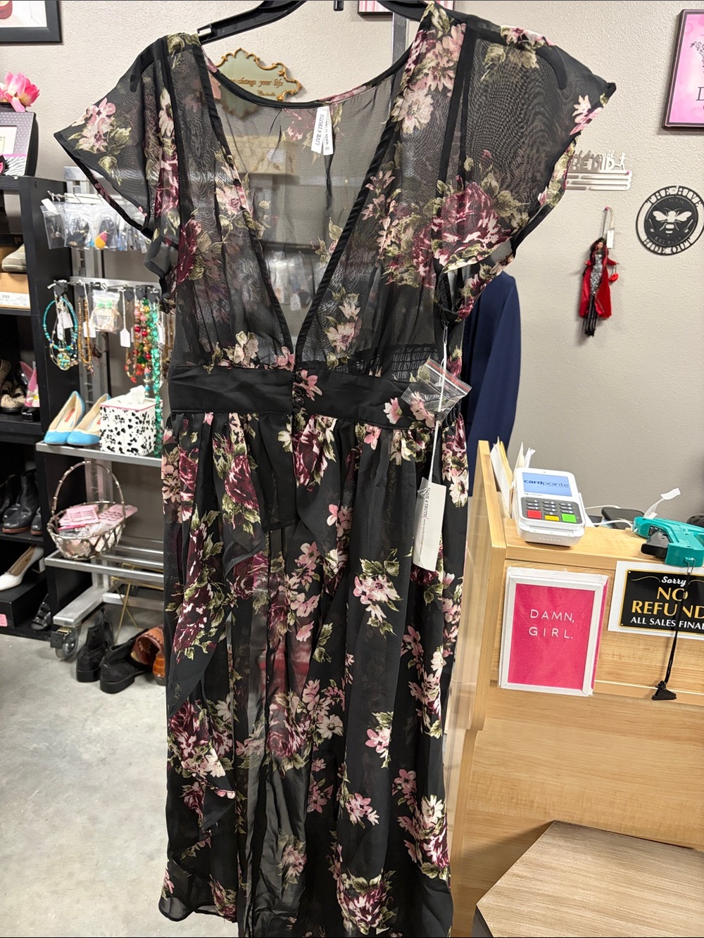 Live 4 Truth Black Sheer Floral Midi Jacket with Pink and Green Accents G6HPUT